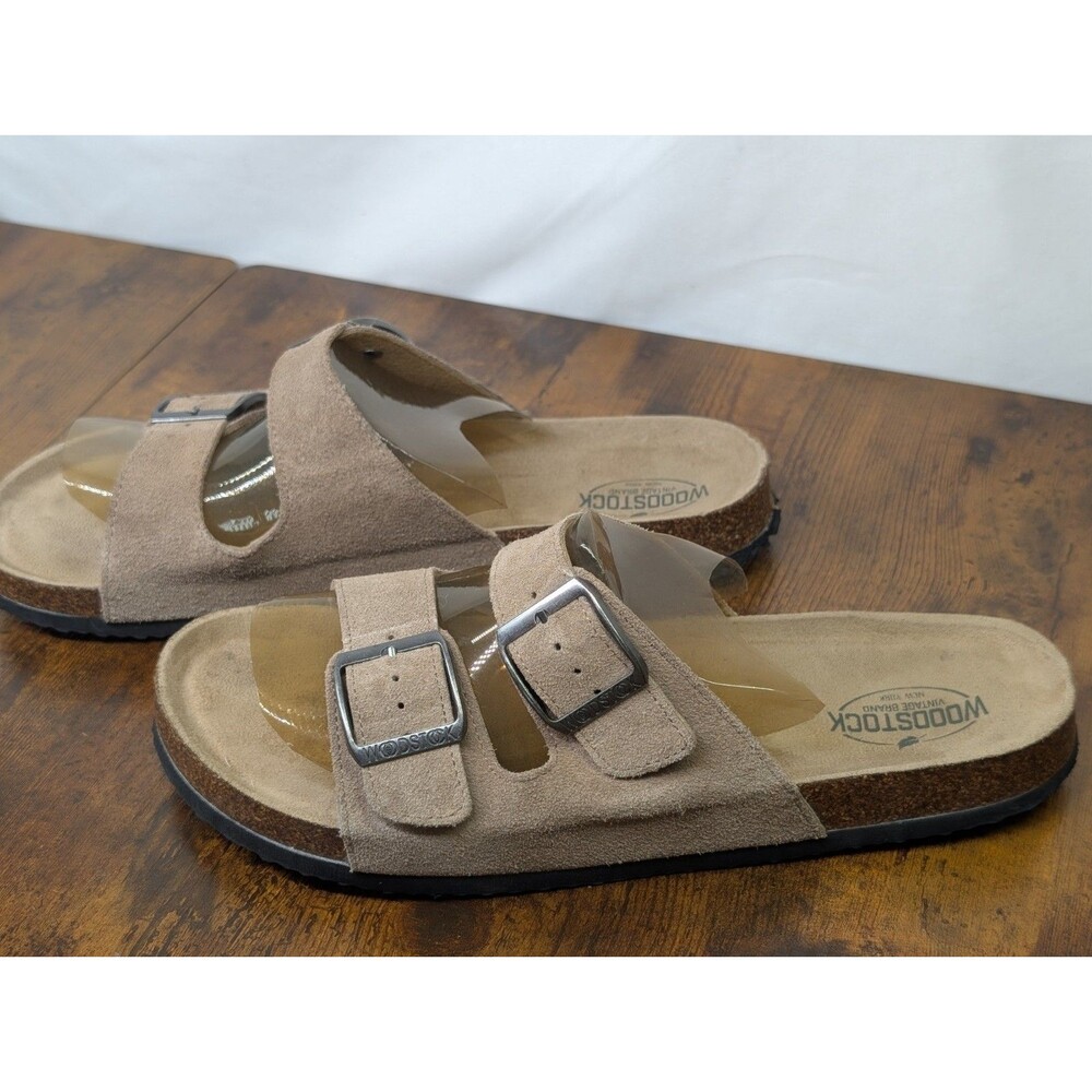 Woodstock Men's Beige Suede Buckle Adjustable Strap Slide Sandals Size 11M